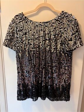 French Connection Black Sequin Short Sleeve Top